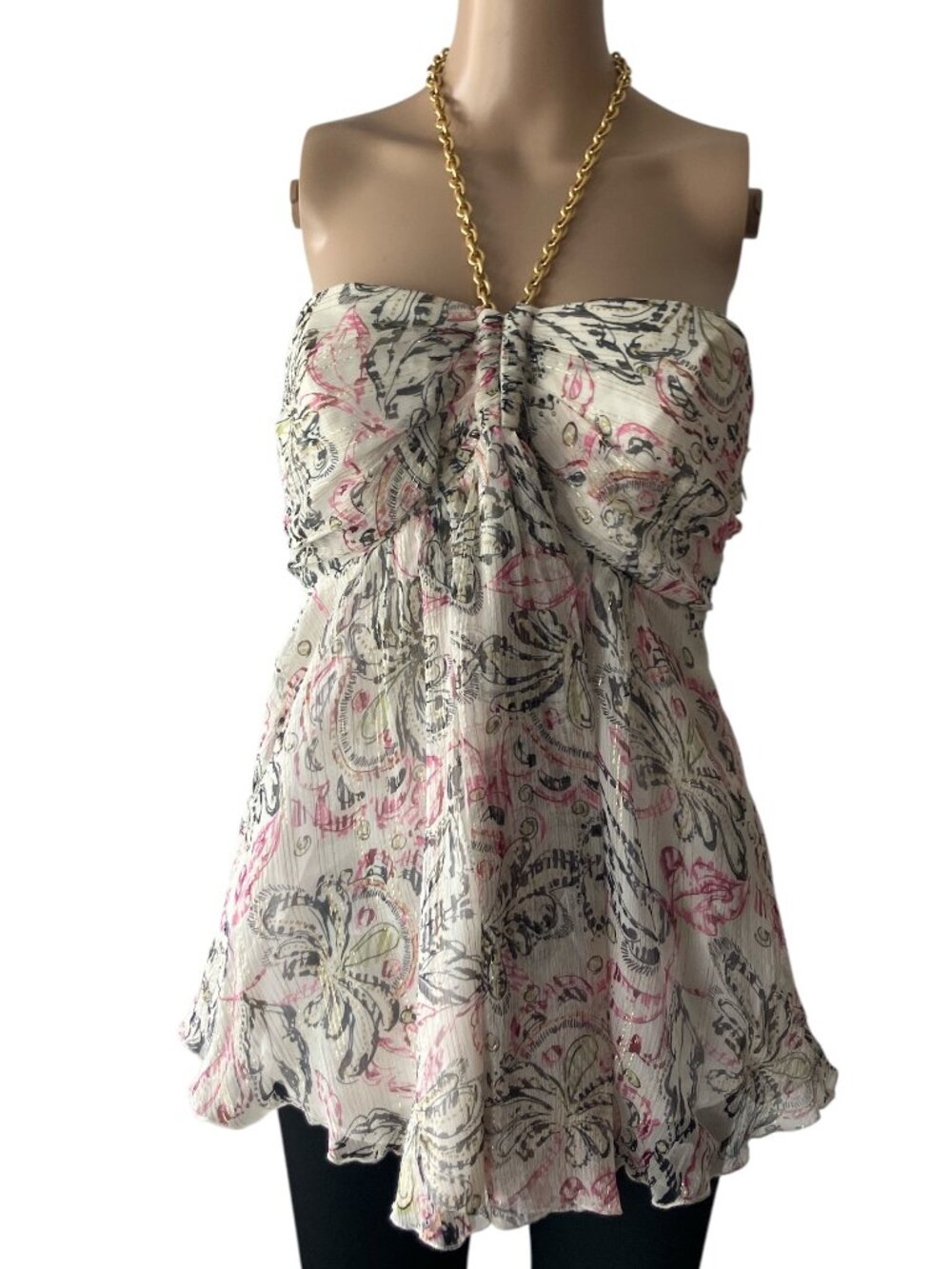 Vintage Y2K Express Gold Chain Floral Flowy Silk Blouse